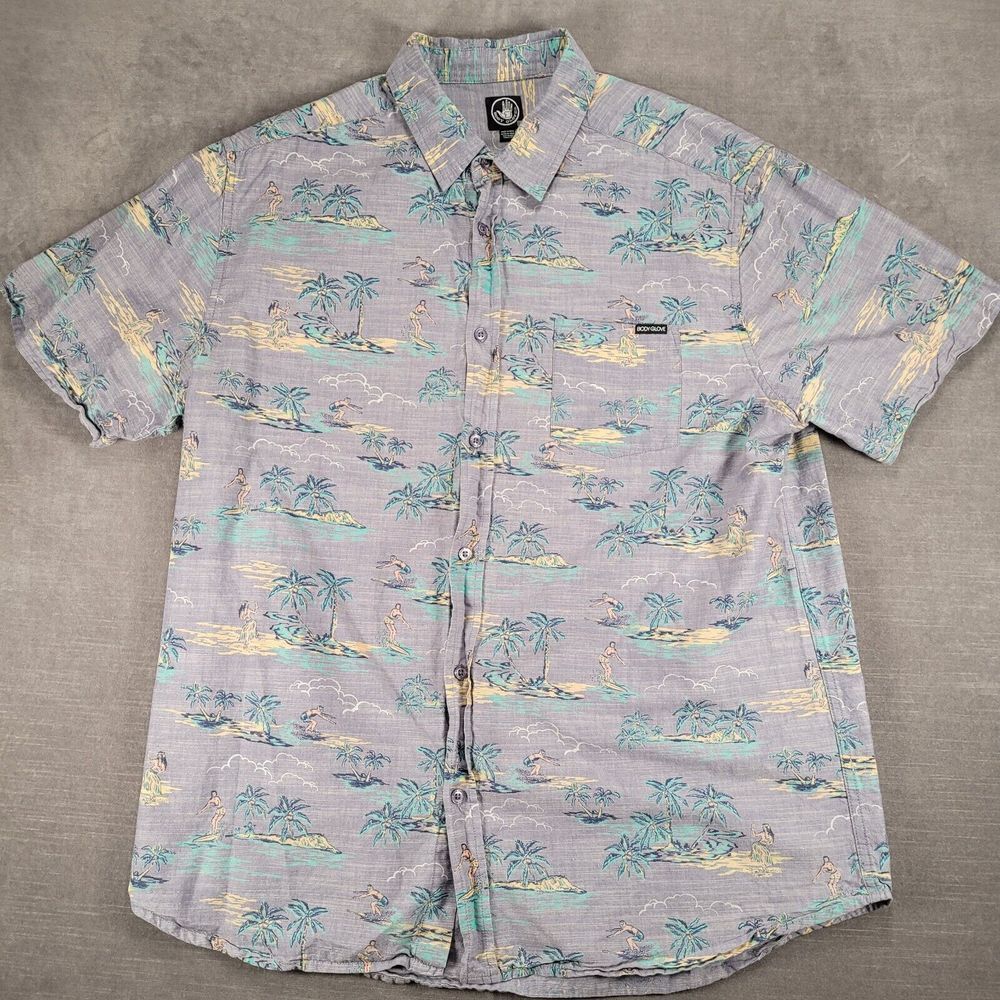 Body Glove Shirt Mens Large Blue Button Up Hawaiian Surfing Hula Girl Retro Logo